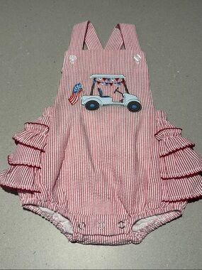NWOT Stitchy Fish Red and white striped patriotic Golf Cart Baby girl Romper